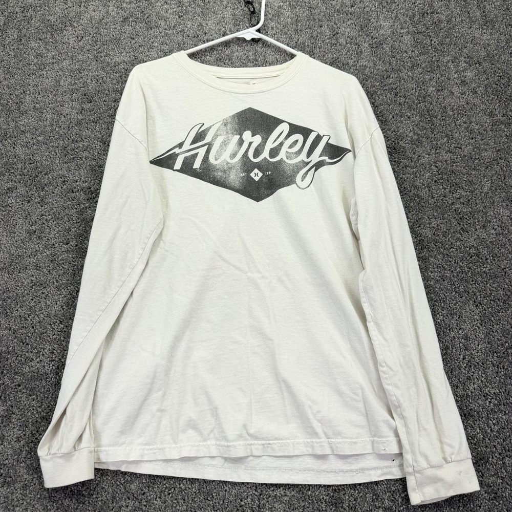 Hurley Shirt Mens Large White Long Sleeve Logo Graphic Tee Surf Casual Tagless
